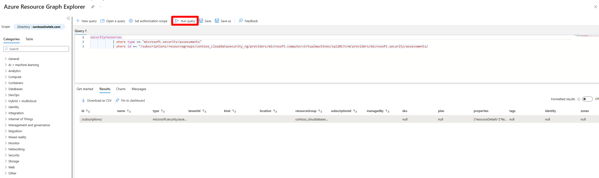 Azure Resource Graph 浏览器显示了上一屏幕截图中所示的建议的结果。