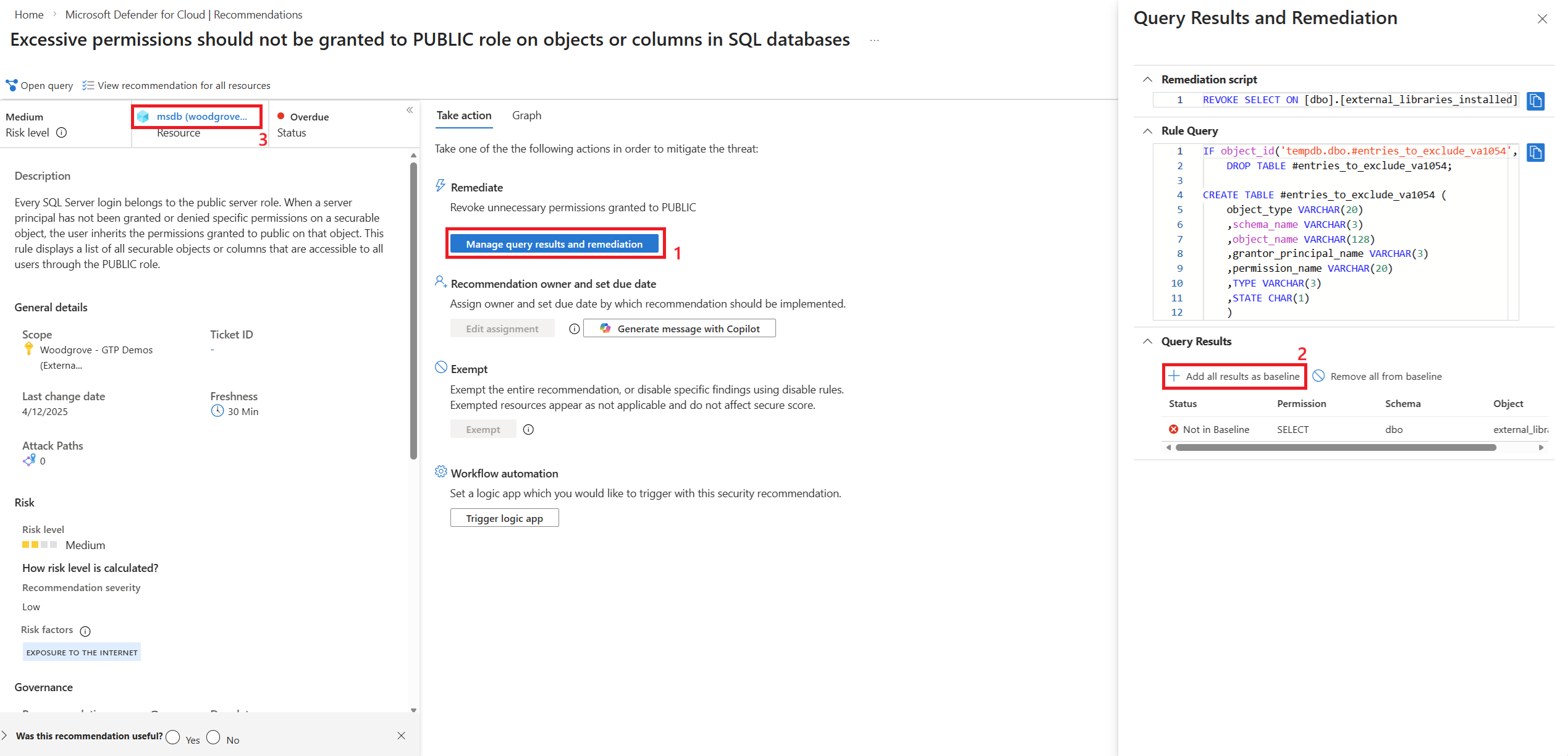 屏幕截图,突出显示了“管理查询结果和修正”,以及将查询结果添加为基准的选项