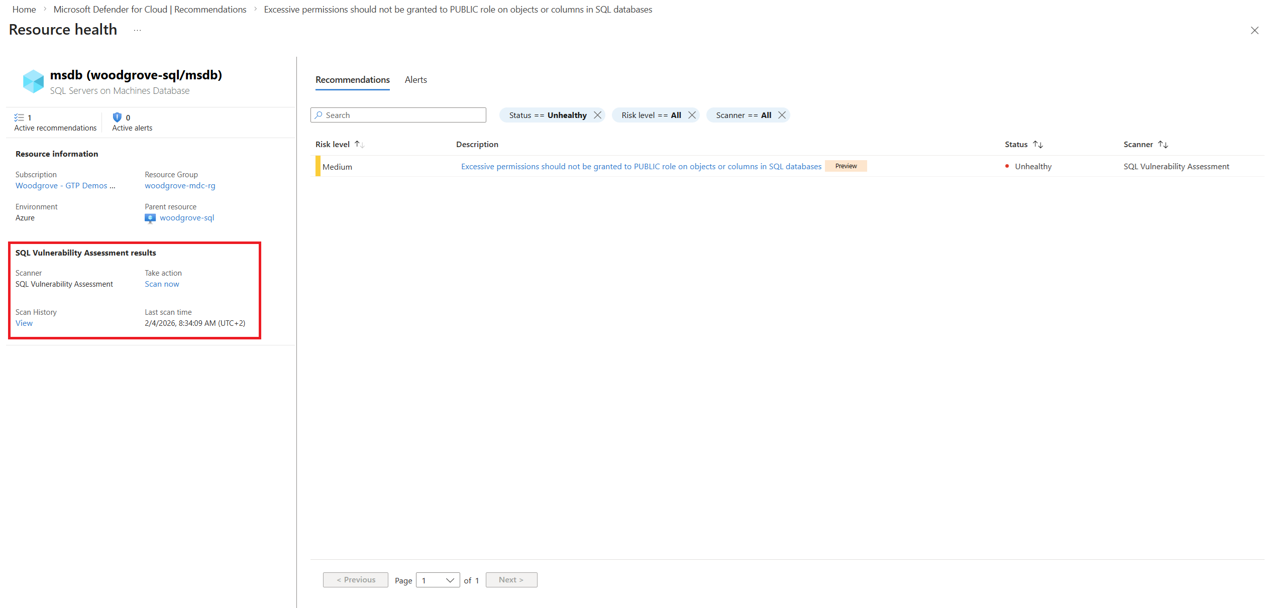 截图,显示了“SQL 漏洞评估结果”部分,其中包括“立即扫描”和“扫描历史记录”。