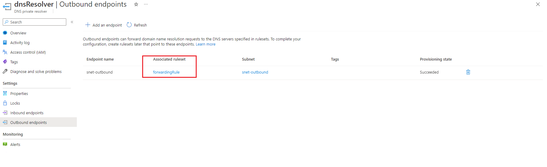 DNS 解析程序出站终结点