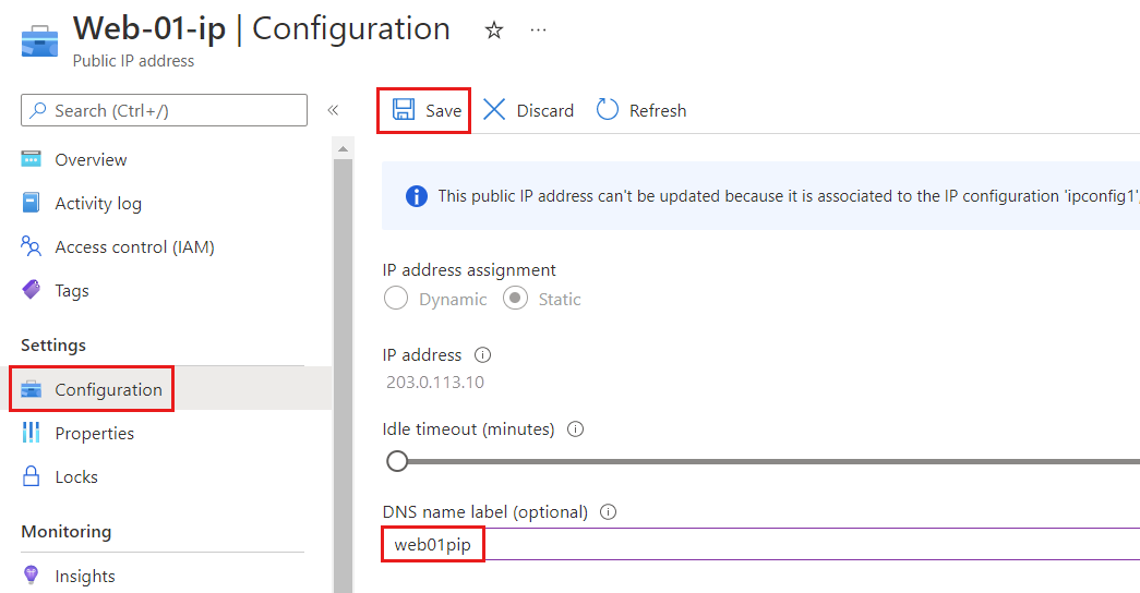 Azure 公共 IP 地址配置页的屏幕截图，其中显示了 DNS 名称标签。