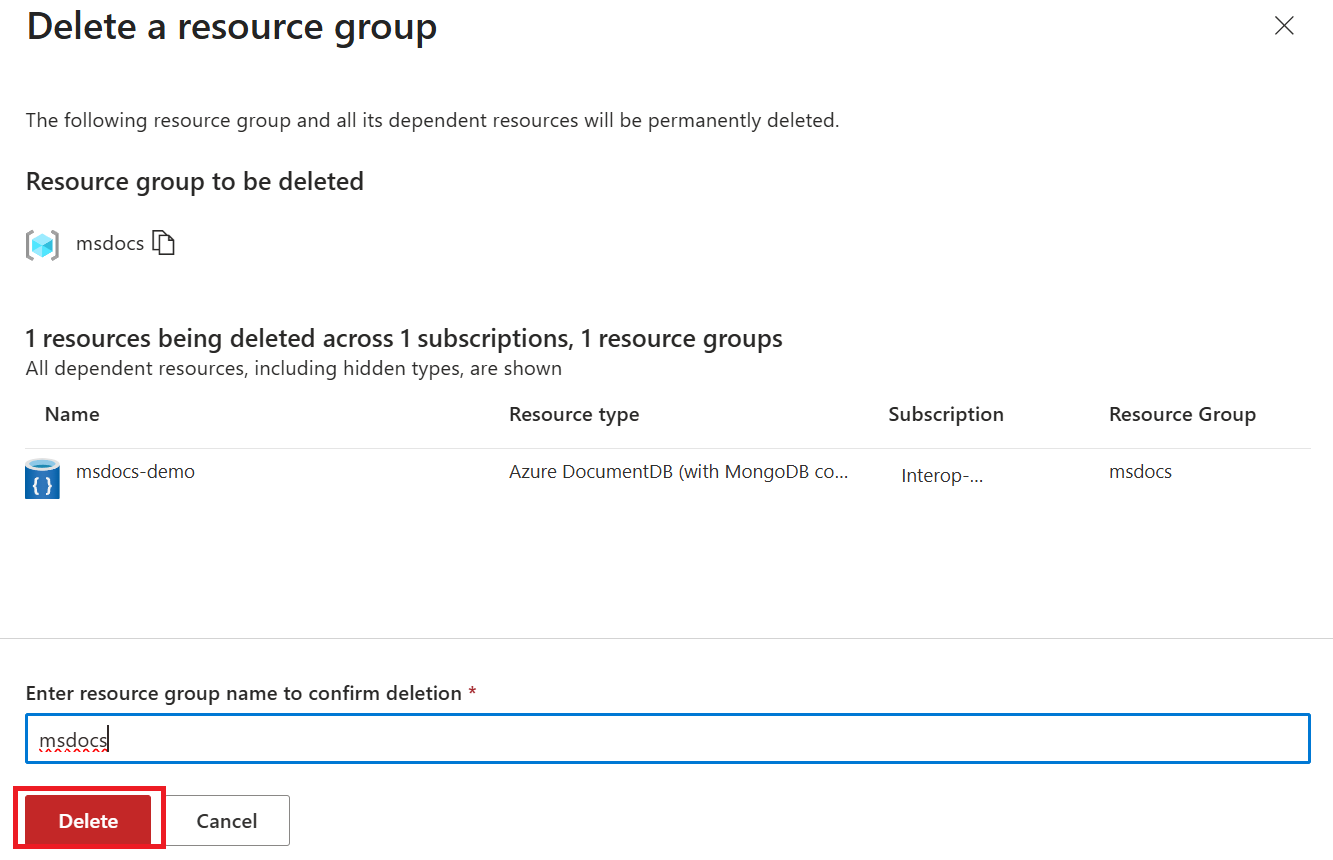 显示“删除资源组确认”按钮的屏幕截图。