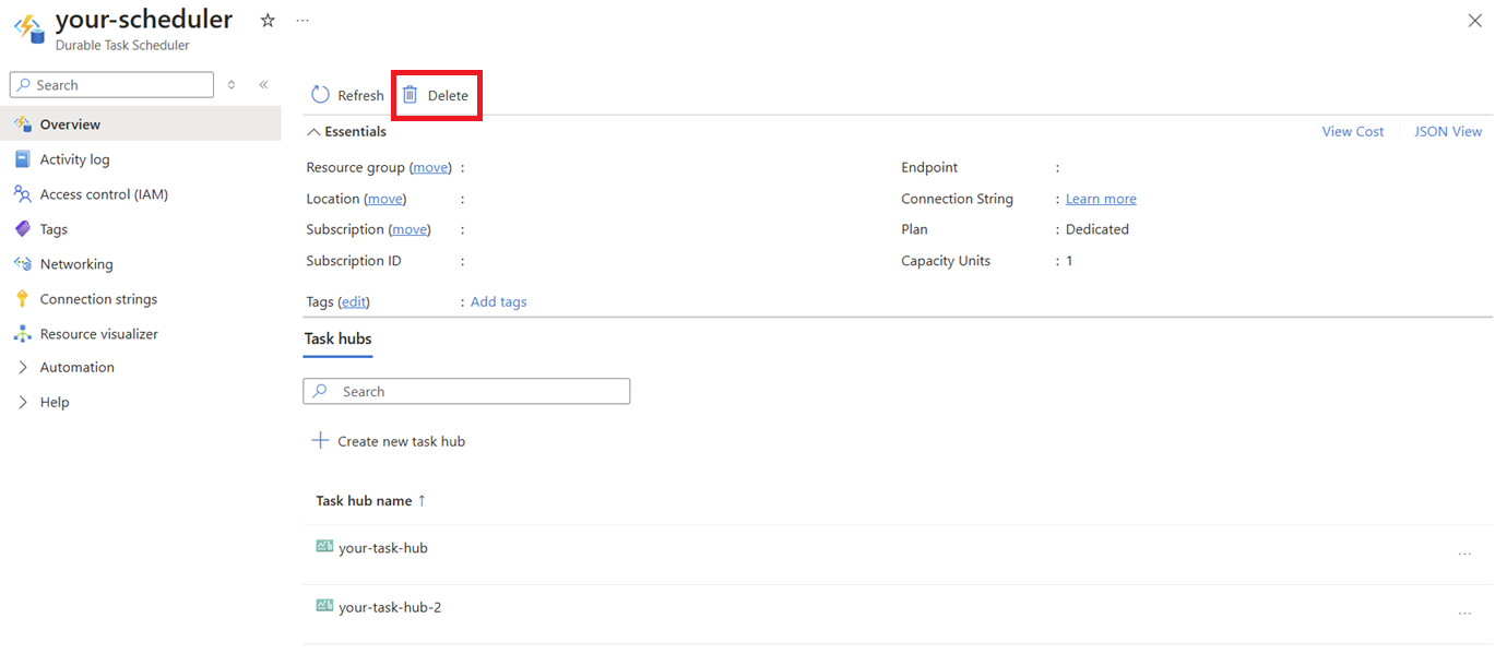 门户中计划程序资源的屏幕截图，其中突出显示了“删除”按钮。