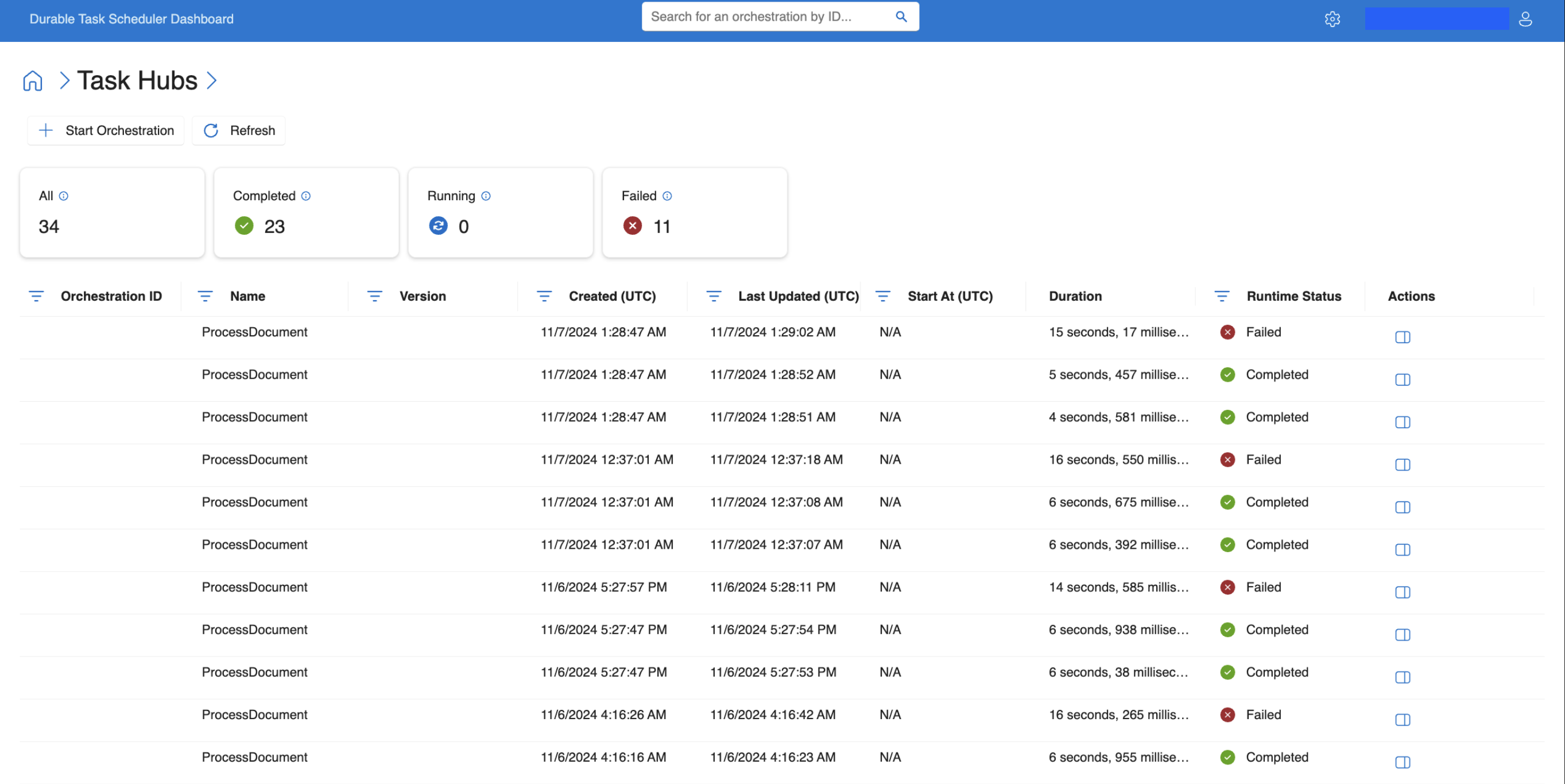 仪表板的屏幕截图，其中列出了业务流程历史记录和状态。