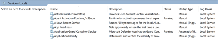 Screenshot of a list of local services on a computer account.