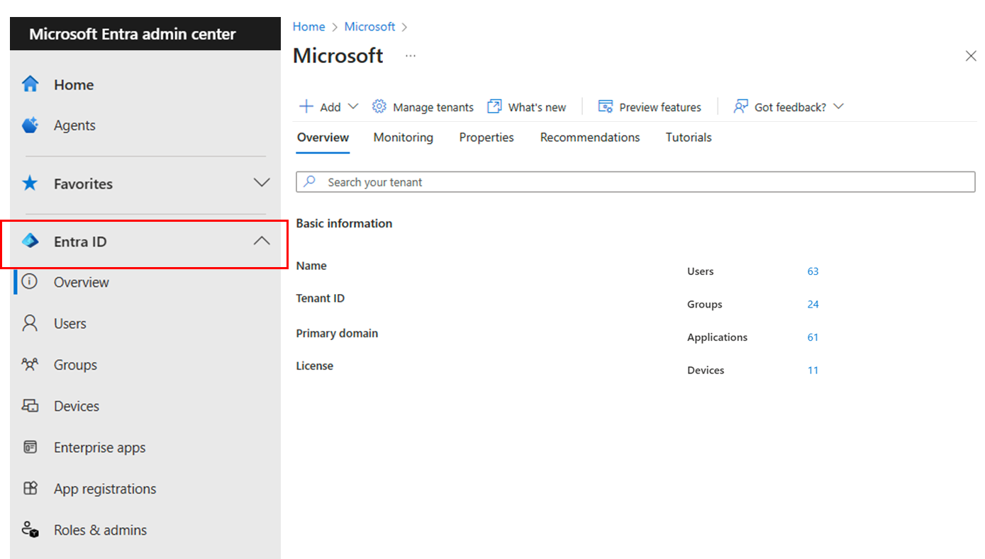Microsoft Entra 管理中心“标识”菜单的屏幕截图。