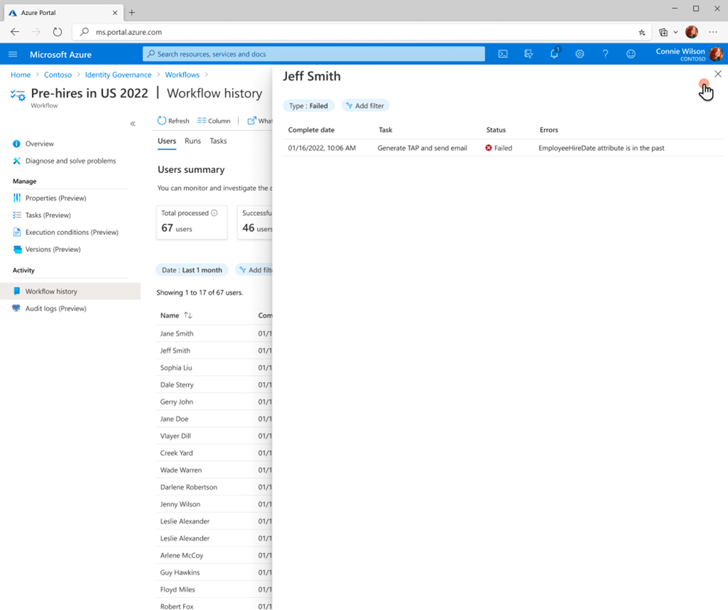 工作流失败任务历史记录的屏幕截图。