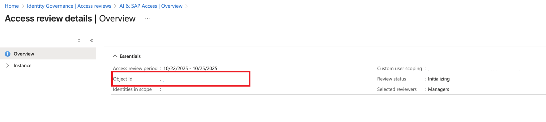 查找访问评审实例对象 ID 的屏幕截图。