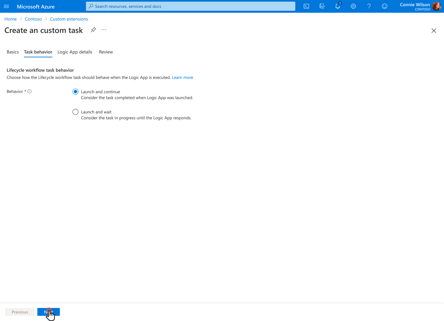 自定义任务扩展选择任务行为的屏幕截图。