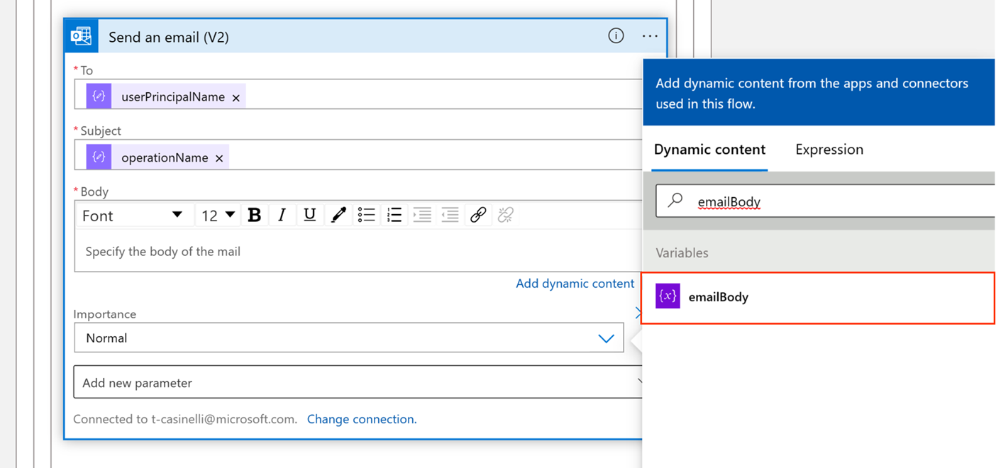 如何在动态内容中选择电子邮件正文的屏幕截图。
