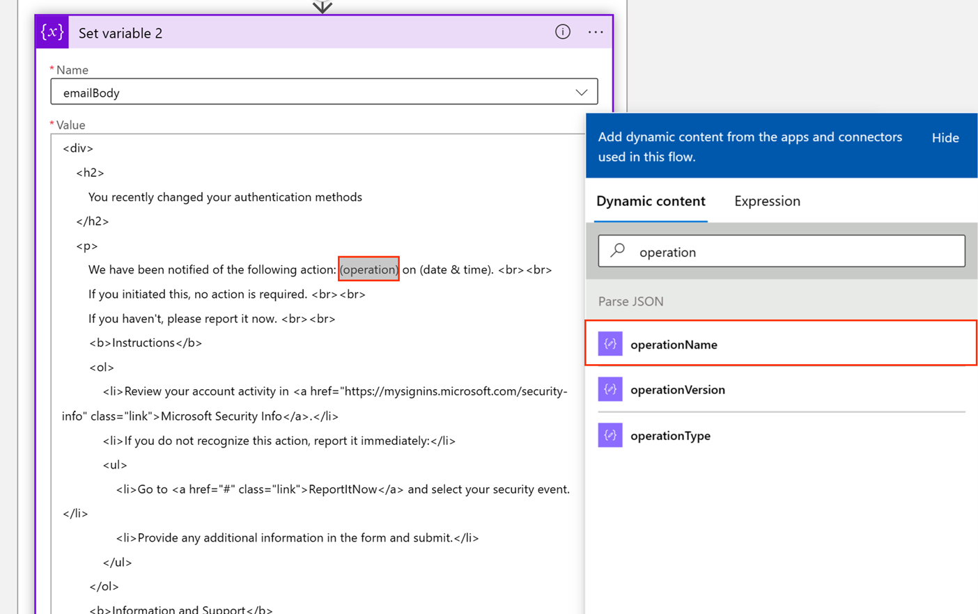 如何选择操作名称的屏幕截图。