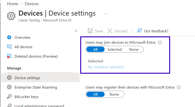 Entra 门户中设备设置窗格的屏幕截图，重点显示“用户可使用 Microsoft Entra 加入设备”这一必需设置。