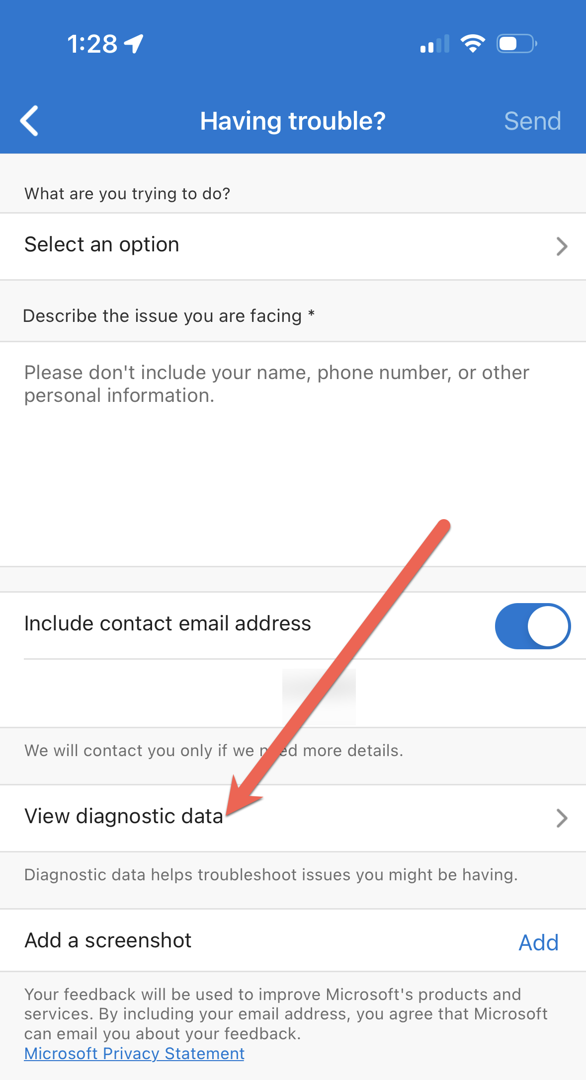 显示 Microsoft Authenticator 应用中的“查看诊断数据”按钮的屏幕截图。