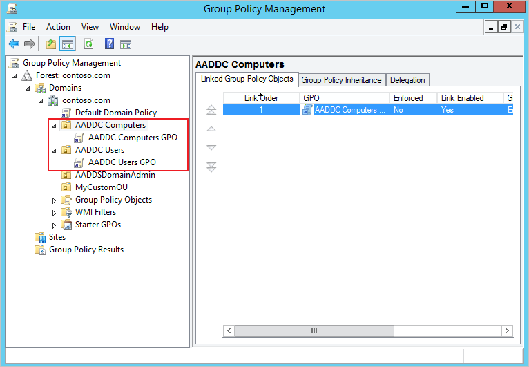 应用于默认“AADDC 计算机”和“AADDC 用户”容器的内置 GPO