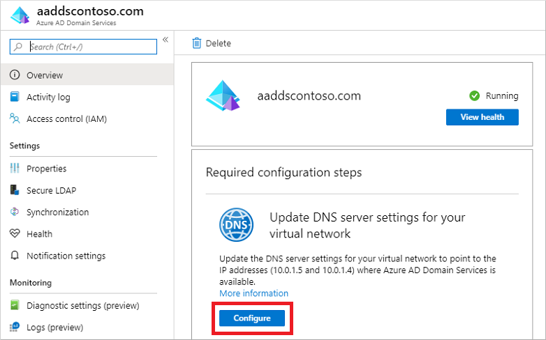 使用 Microsoft Entra 域服务 IP 地址配置虚拟网络的 DNS 设置