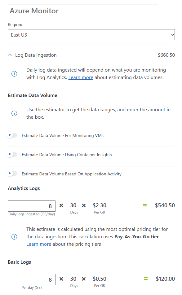 Azure 定价计算器的屏幕截图，以 8 GB/天为例。