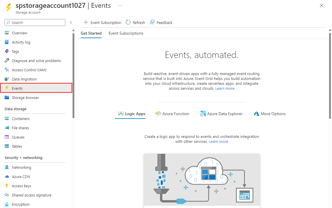 显示 Azure 存储帐户的“事件”页的屏幕截图。