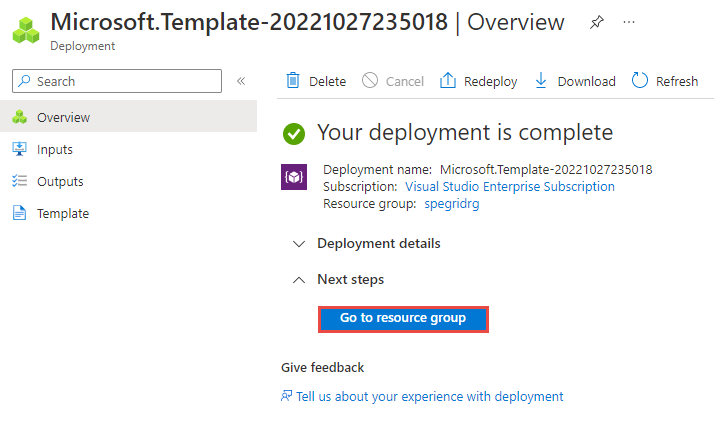 显示部署成功页的屏幕截图，其中包含用于转到资源组的链接。