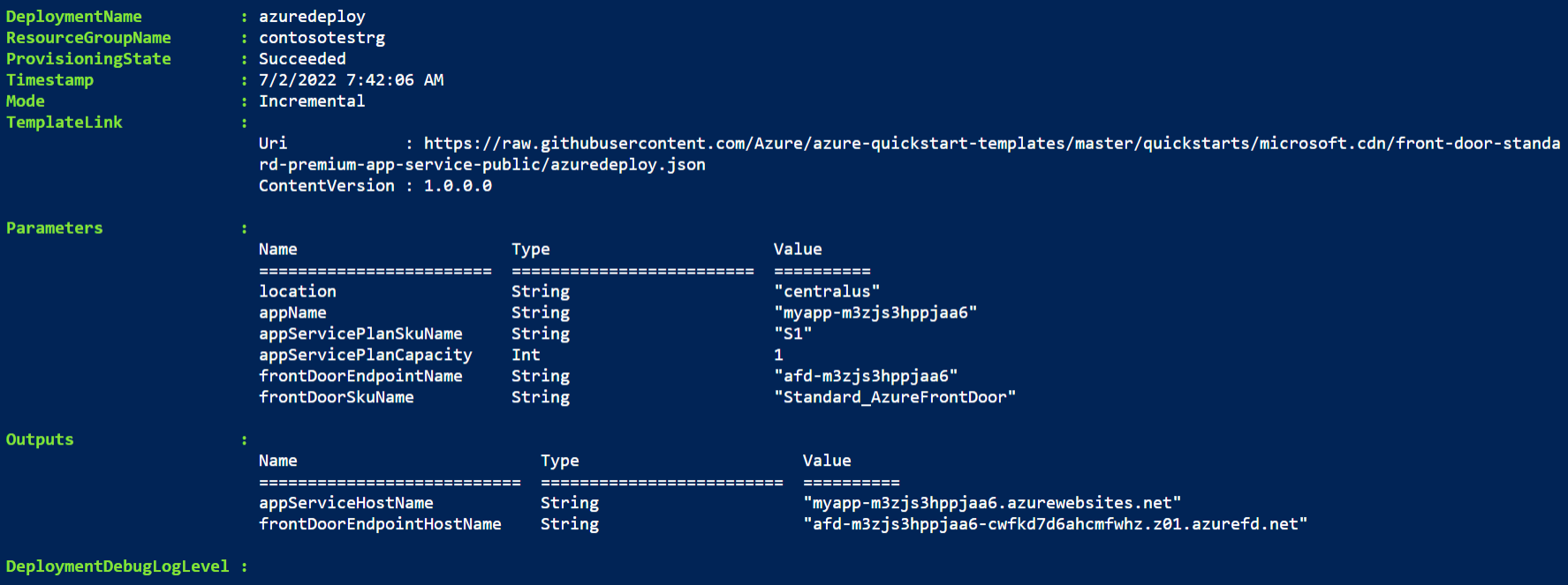 Azure Front Door 资源管理器模板 PowerShell 部署输出