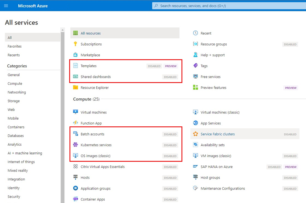 “所有服务”面板中不允许的资源的屏幕截图。