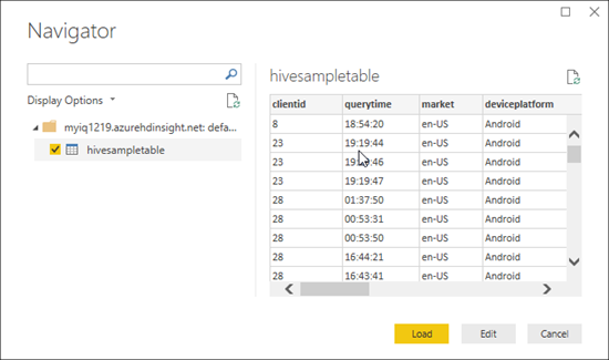 HDInsight 交互式查询 Power BI hivesampletable。