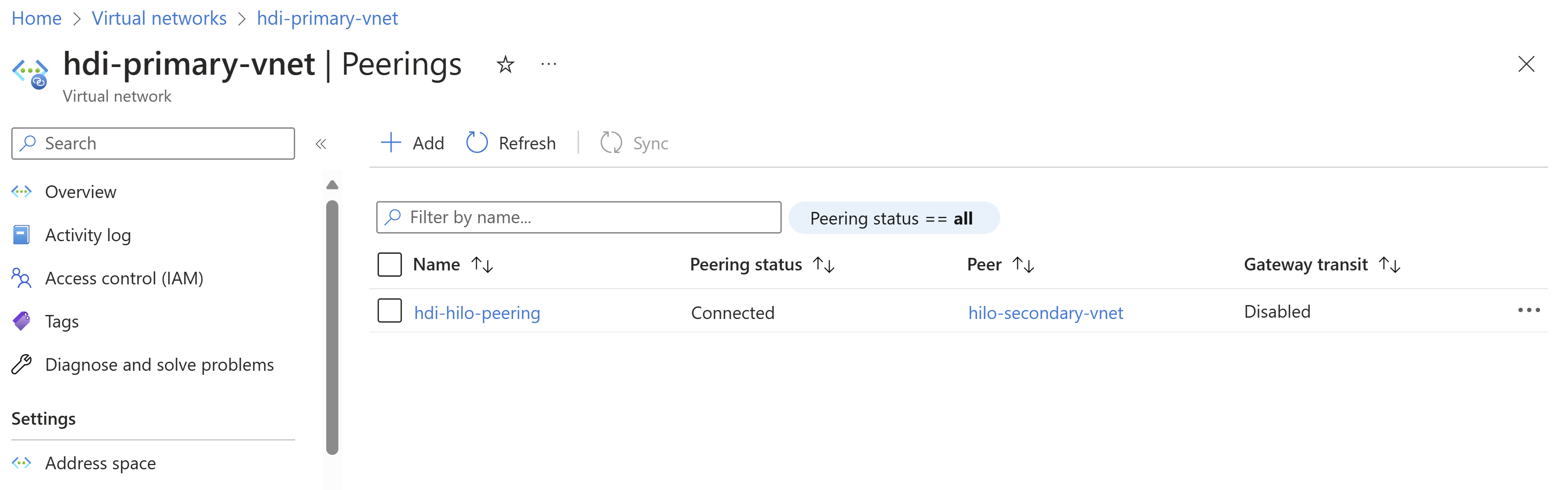 Screenshot showing VNet peering.