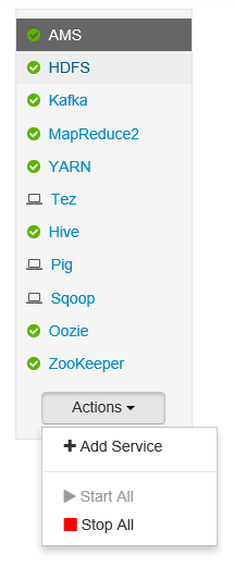 Apache Ambari 服务操作列表。