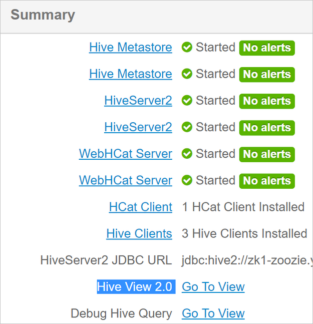 Ambari Apache Hive 摘要列表。