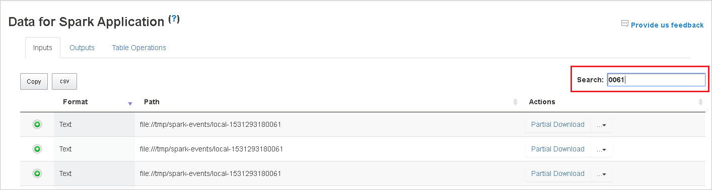 在 Spark 应用程序数据页上搜索数据。