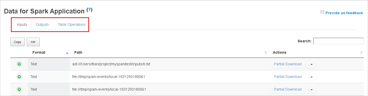 Spark 应用程序数据页上的“数据”选项卡。