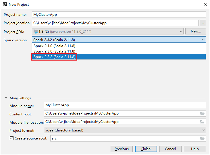 IntelliJ 新建项目选择 Spark 版本。