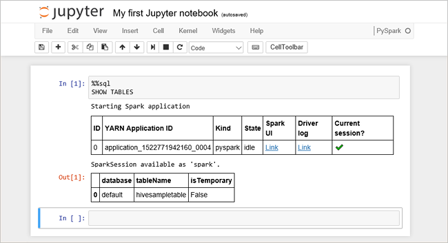 屏幕截图显示在此快速入门中创建的笔记本的 Jupyter 窗口。