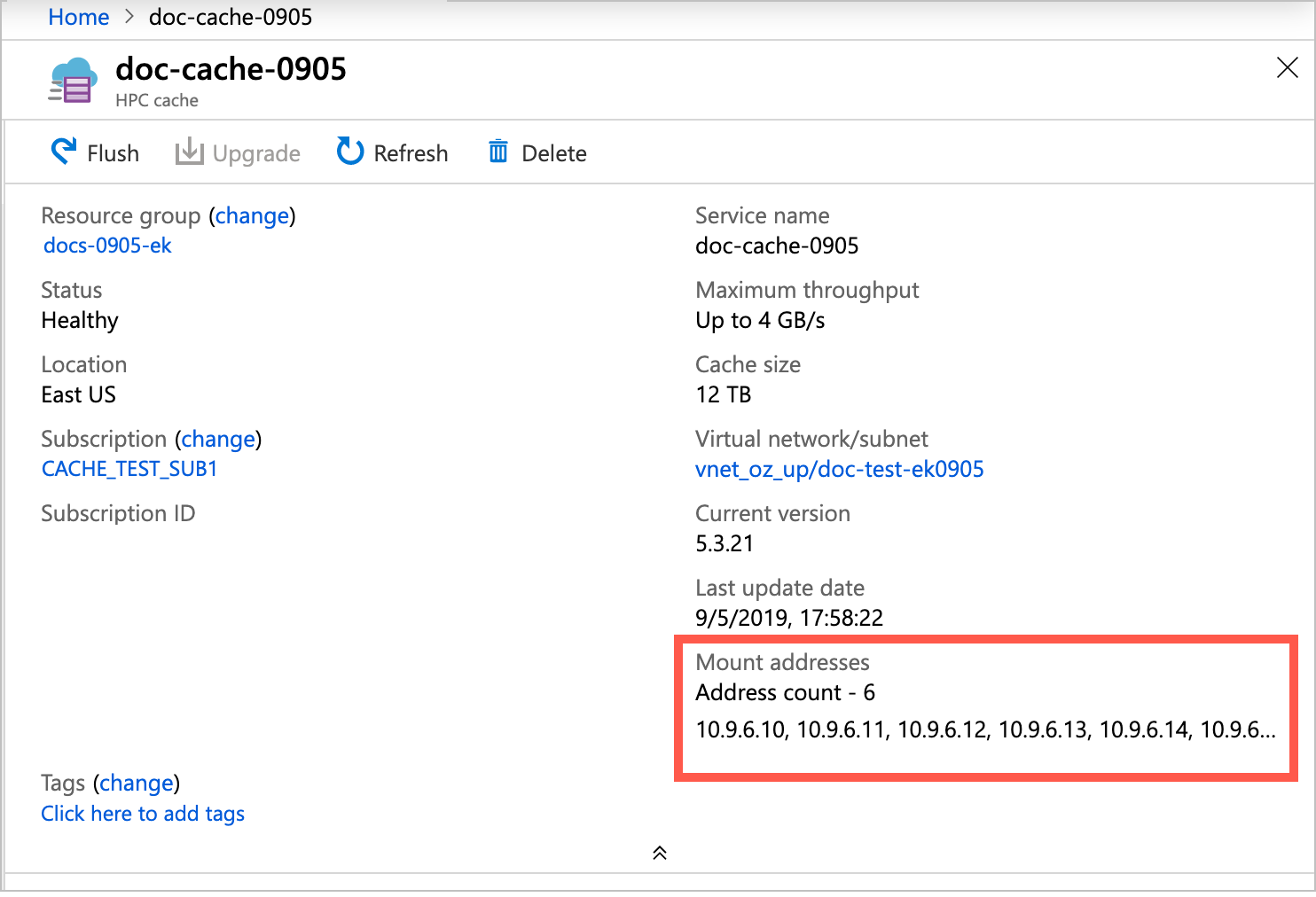 Azure HPC 缓存实例的“概述”页的屏幕截图，其右下角的装载地址列表周围有一个突出显示框