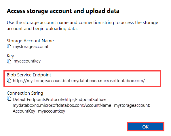 屏幕截图显示可在其中复制 Blob 服务中终结点的“访问存储帐户和上传数据”对话框。