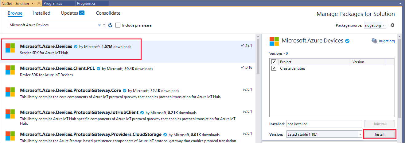 安装 Azure IoT 中心 .NET 服务 SDK 当前版本