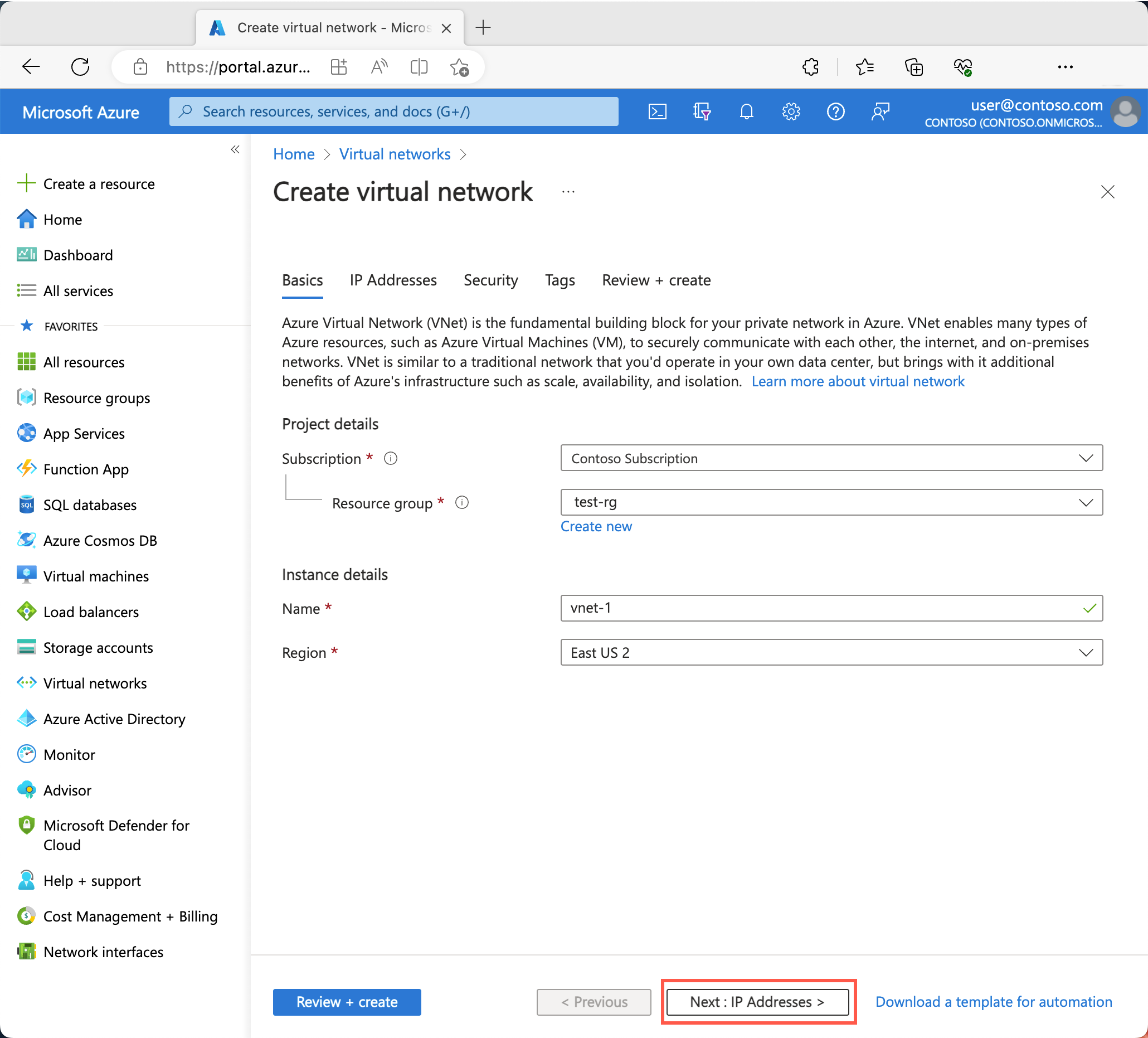 Azure 门户中“创建虚拟网络”的“基本信息”选项卡的屏幕截图。