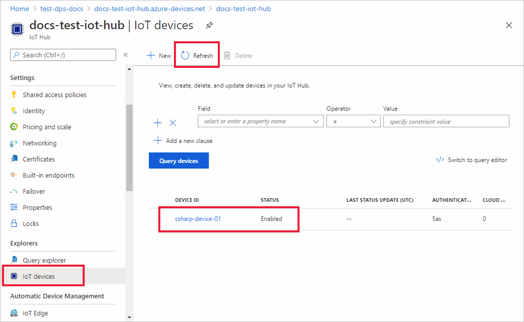 显示已向 IoT 中心注册且已为 C# 示例启用设备的屏幕截图。