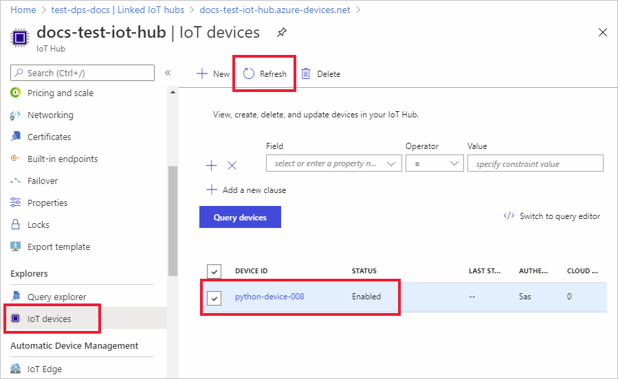 显示已向 IoT 中心注册且已为 Python 示例启用设备的屏幕截图。