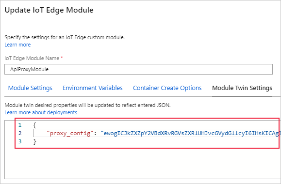 屏幕截图显示了如何将编码的配置文件粘贴为 proxy_config 属性的值。