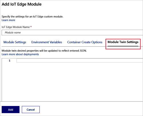 屏幕截图显示了“添加 IoT Edge 模块”页面的“模块孪生设置”选项卡。