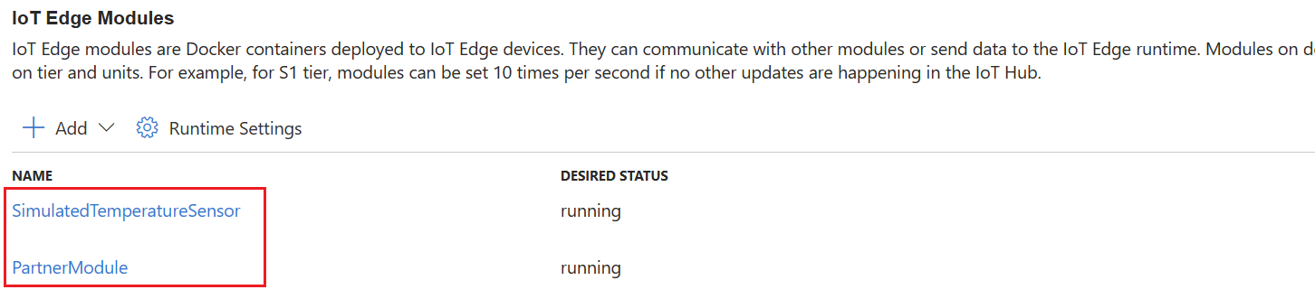 显示用于更新 Azure 门户中 IoT Edge 模块设置的模块列表链接的屏幕截图。