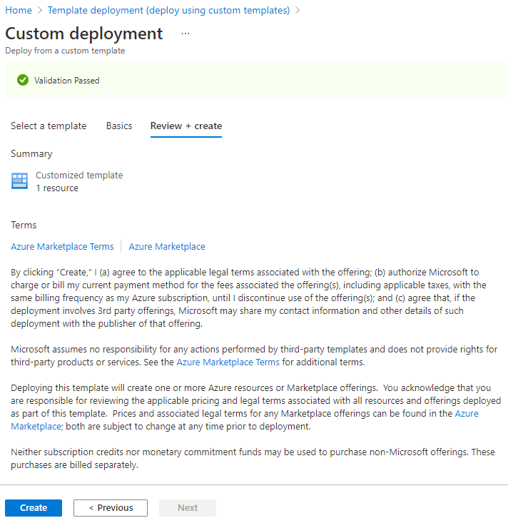 Screenshot showing the final custom deployment page