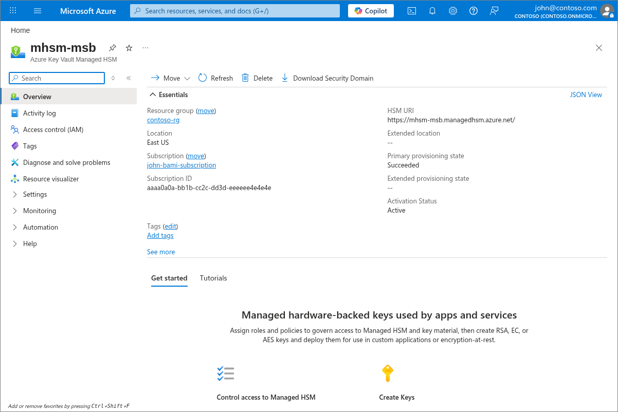 Azure 门户中托管 HSM 概述页的截图。
