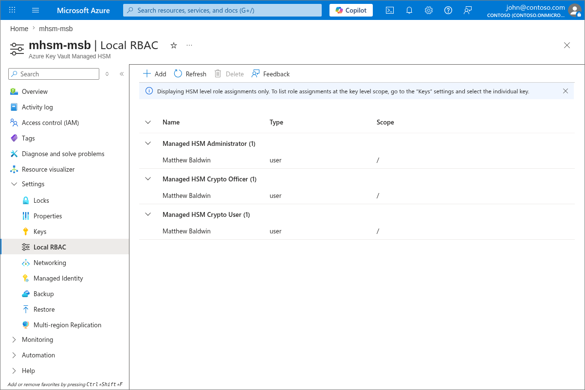 Azure门户中托管硬件安全模块 (HSM) 的本地 RBAC 面板截图