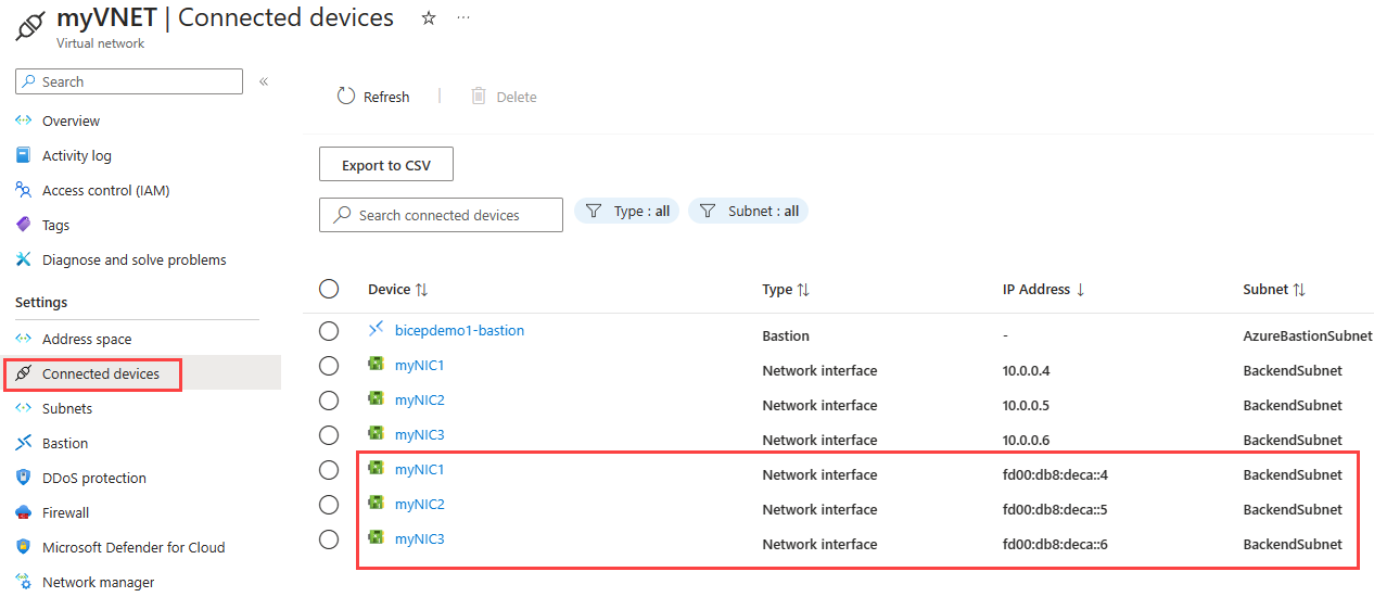 连接设备设置的屏幕截图，显示网络接口上的 IPv4 和 IPv6 地址。