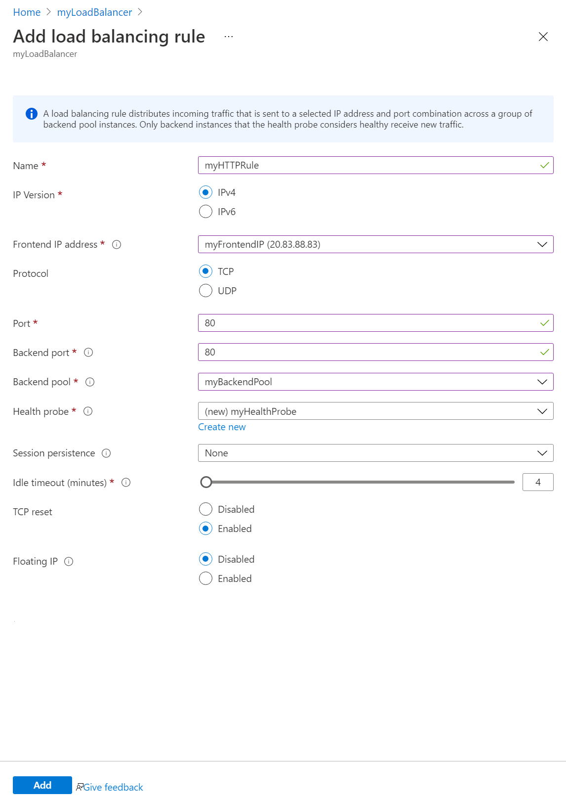 Screenshot of the add load balancer rule page.