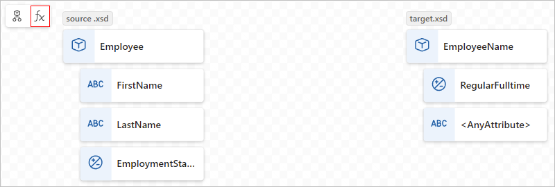 Screenshot showing source and target schema elements and the selected function named Show functions.