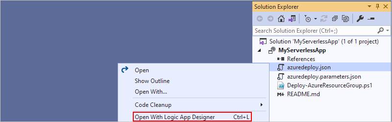 显示“azuredeploy.json”快捷菜单的屏幕截图，其中选择了“使用逻辑应用设计器打开”。