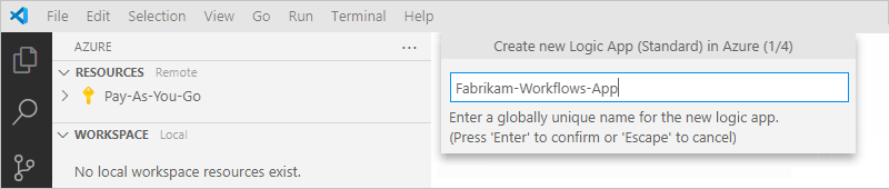 屏幕截图显示了为要创建的新逻辑应用提供名称的提示。