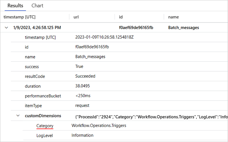 屏幕截图：Application Insights，其中包含批量处理消息触发器事件的“请求”表和记录。